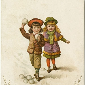 New Year card, Victorian children snowballing