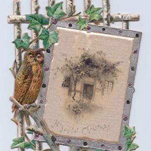 Owl, ivy and trellis on a cutout Christmas card