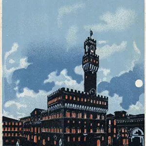 Palazzo Vecchio at night, Florence, Italy. Date: circa 1904