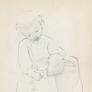 Pencil sketch of child with lamb