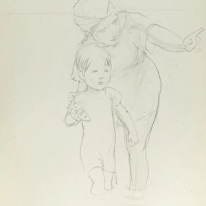 Pencil sketch of mother and child paddling