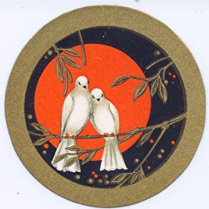 Perfume label, two doves on a branch