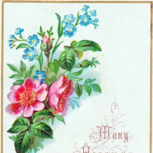Pink and blue flowers on a birthday card
