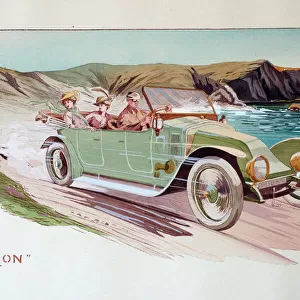 Pochoir print, early car with driver and two passengers - Ils y viennent tous a la