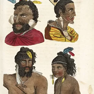 Portraits of Maori warriors with facial tattoos, New Zealand