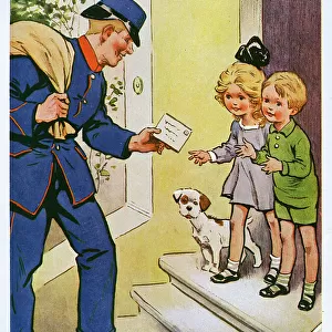 Postman delivers a letter to two children