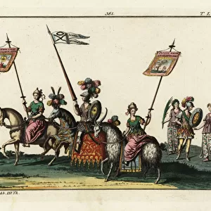 Procession of riders on unicorn, goat and horse