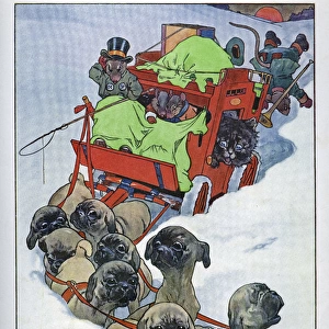 Pug Peter -- dogs pulling coach through snow