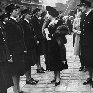 Queen Elizabeth reviews firewomen at Lambeth, WW2