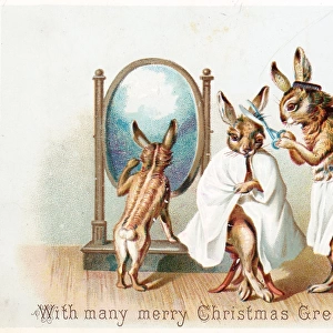 Three rabbits having a trim on a Christmas card