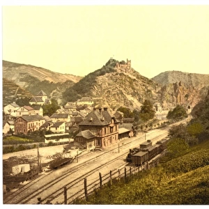 Railway station and Burg Are, Altenahr, the Rhine, Germany