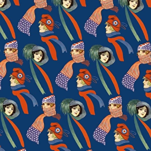 Repeating Pattern - three women in scarves and hats, blue