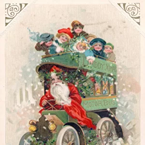 Santa Claus driving a bus on a Christmas postcard