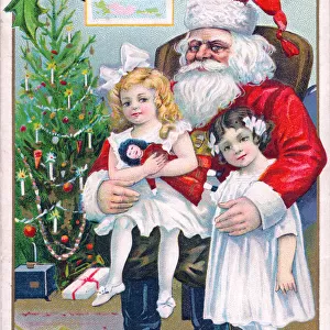 Santa Claus with girls and tree on a Christmas postcard