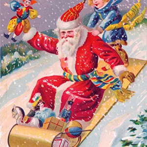 Santa Claus riding a sled on a Christmas postcard