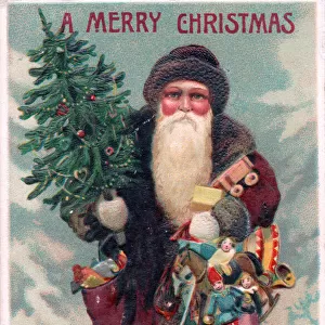 Santa Claus with tree and sack on a Christmas postcard