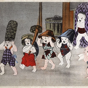 Seven young Japanese toddlers fooling around