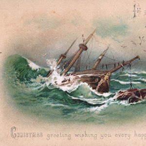Ship on a stormy sea on a Christmas card