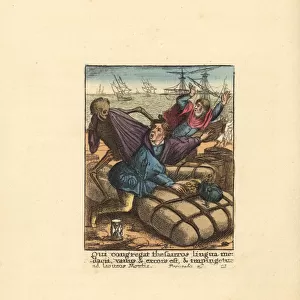 Skeleton of Death pulling the hair of a Merchant