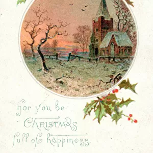 Snow scene with church and holly on a Christmas card