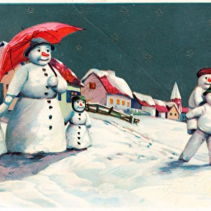 Snow woman and children on a Christmas postcard