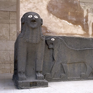 Sphinx and a lion in relief. Basalt. Syria