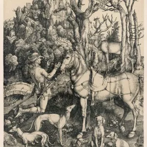 St Hubert Print, a woodcut of the saint in hunting attire St Hubert Print, a woodcut of the saint in hunting attire
