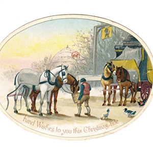 Stagecoach at a wayside inn on an oval Christmas card