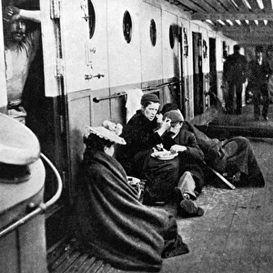 Steerage passengers on an emigrant ship, outside cabins