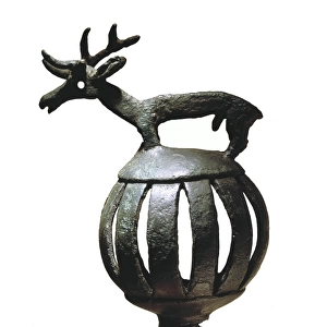 Stick handle with figure of a stag 7th BC. Bronze