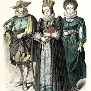 Two Swiss women and a man in costume