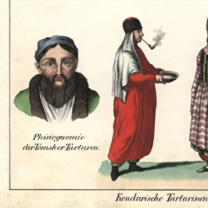 Tatar women smoking a pipe and wearing a miter