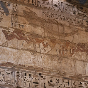 Temple of Ramses III. Sacred solar boat carried by priests