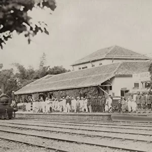 Train station with steam engine, India, c. 1880s