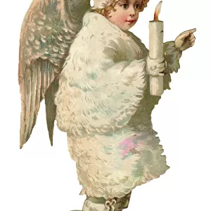 Victorian scrap, snow angel holding a candle