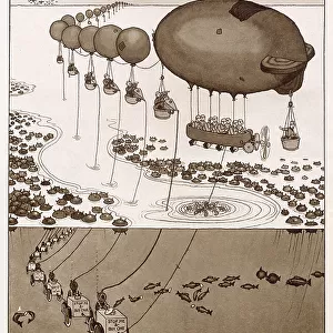 William Heath Robinson shows how a remarkable and most heroic attempt was made by the Italians to convoy fresh fish to their troops through a minefield in the Mediterranean escort by fighter aircraft. Date: 1941