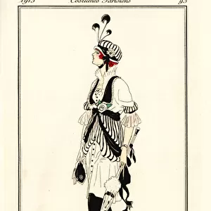 Woman in black and white dress with matching bonnet, 1913