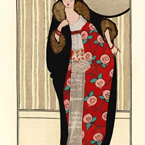Woman in crepe de chine dress, cape of otter and skunk fur