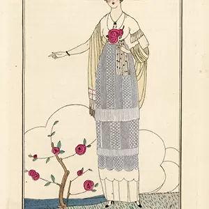 Woman in linen dress with pearl English lace