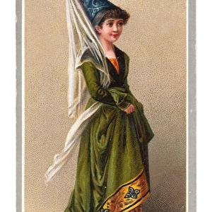 Woman in medieval costume on a Christmas card