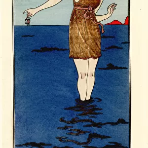 Woman in swimming costume in the sea with crab, 1913