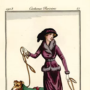 Woman in velvet coursing outfit trimmed with opossum