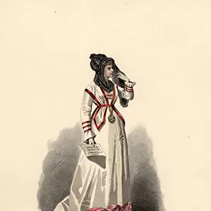 Woman in white dress ornamented with pink bouffants