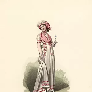 Woman in white dress, pink fichu and corsage