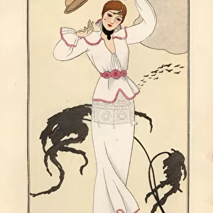 Woman in white wool dress with pink trim losing her hat