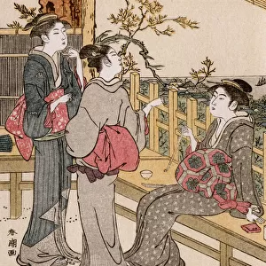 Three Women talking on a terrace by Katsukawa Shuncho