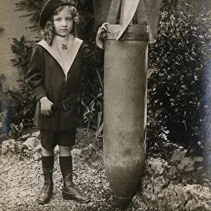 WW1 - Small French Child with a huge Unexploded German Bomb