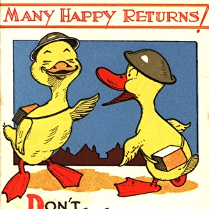 WW2 birthday card, ducks in helmets