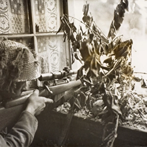 WW2 - British sniper watching for enemy movement in Caen