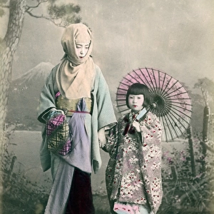 Young child with mother / nurse and parasol, Japan, circa 1890